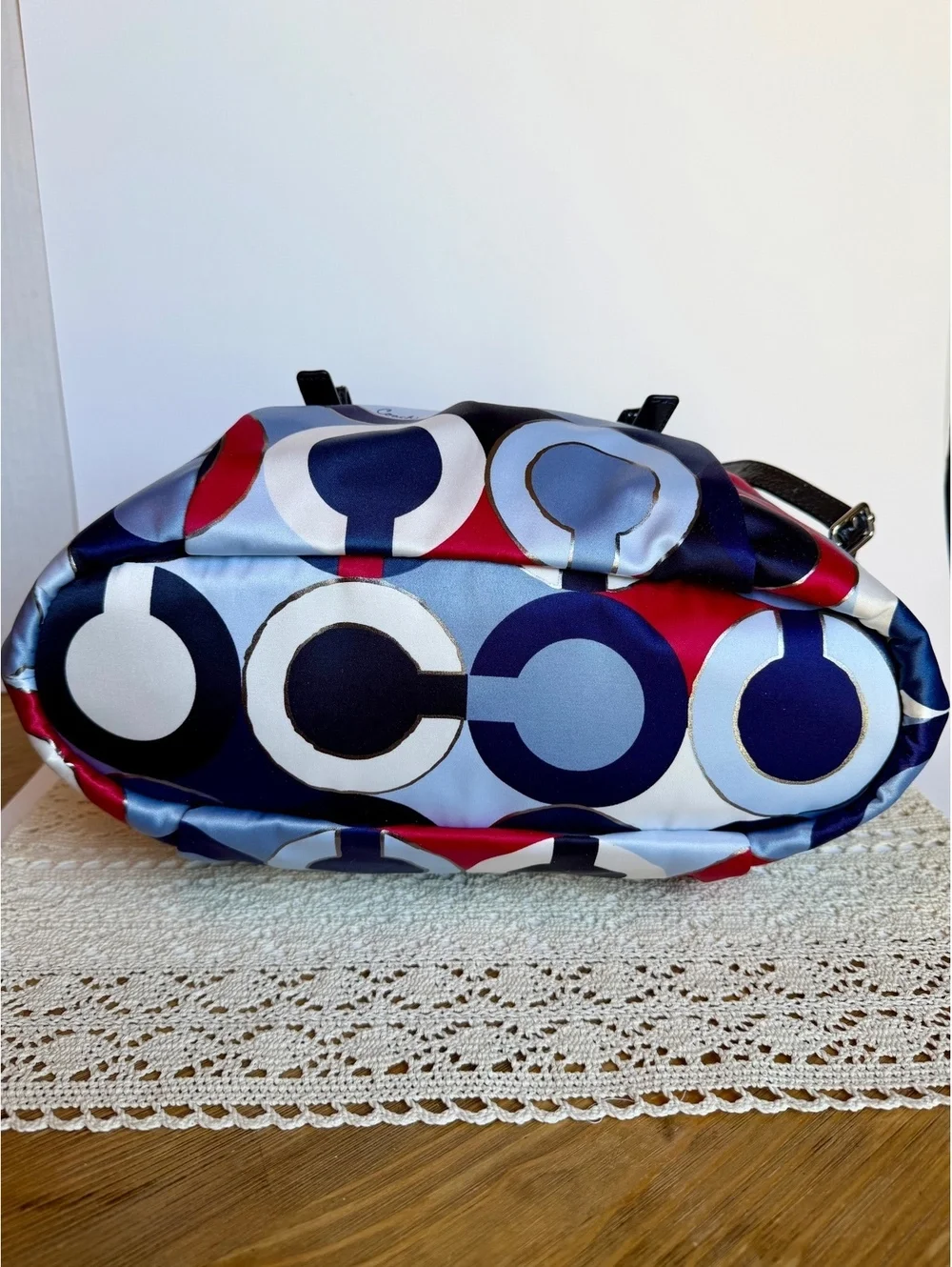 Coach 21233 Kristin Op Art Satin Satchel Crossbody Bag Blue Red Patent Leather